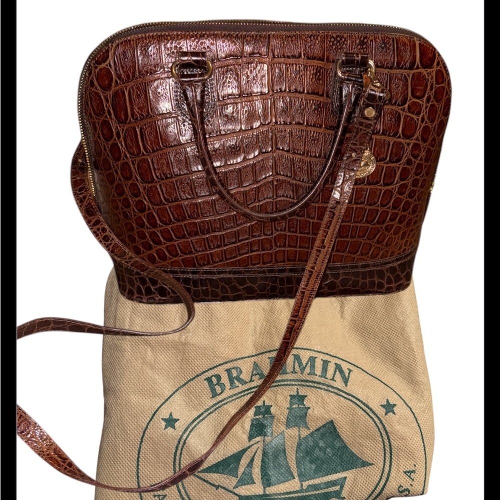 Brahmin Pecan Satchel Crossbody in Crocodile Embossed Leather Honors Collection